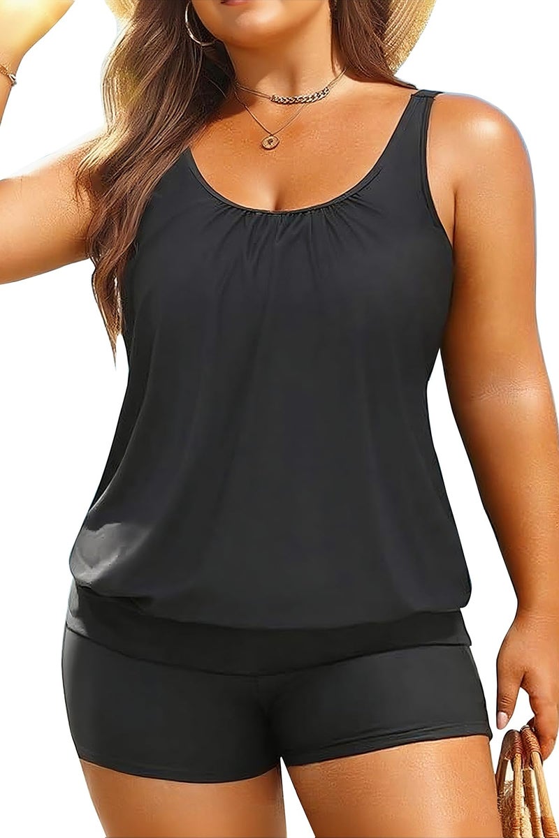Yonique Plus Size Tankini Swimsuits for Women Blouson Tankini Tops with Swim Shorts Two Piece Bathing Suits Black 22 Plus - Image 1